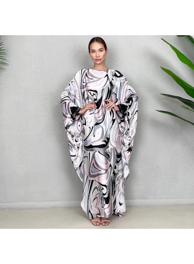 QABEELA RAM23 LOLA PURPLE 70S SATIN PRINT KAFTAN - Image 1